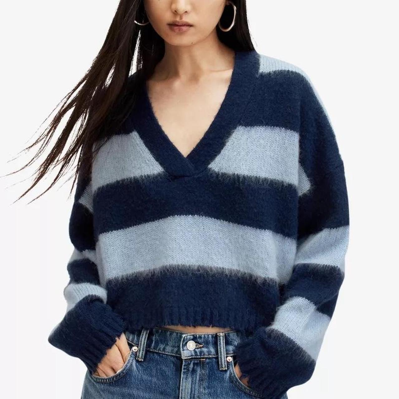 Allsaints Lou Crop V Neck Sweater Blue Striped Medium Distressed Wool Blend